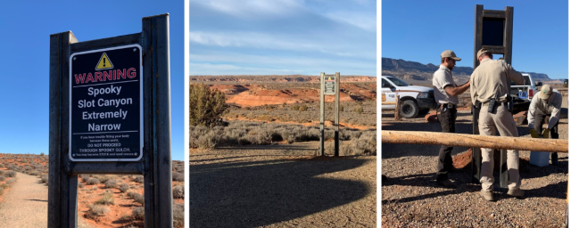Three images of the trailhead sign for visitor to test their limits for the narrow canyons and BLM staff with Kane County staff installing the signs. 