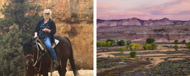 The pink color of dusk colors the San Rafael Swell.  Smiling woman riding a dark brown horse through a desert canyon.