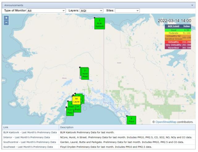 A screen grab of an interactive map, on the Alaska Department of Environmental Conservation website, that shows where all the publicly-funded air quality monitoring stations are located in Alaska.