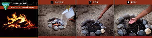 Campfire safety steps to drown, stir and feel method to extinguish campfires. 