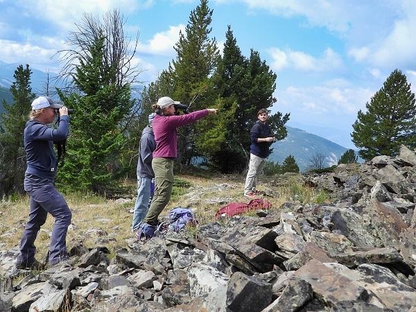 Group of people standing around with binoculars looking for pikas