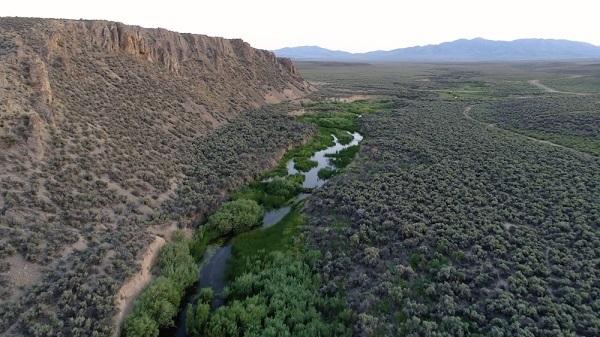 View of Dixie Creek in eastern Nevada from the air--Blue stream surrounded by green vegetation