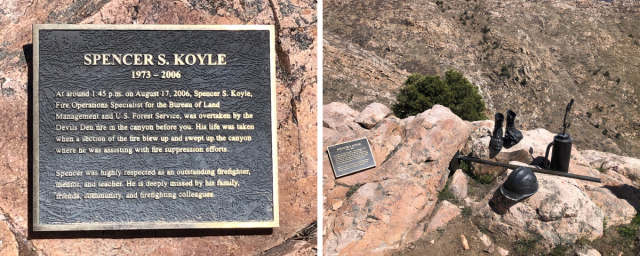 Two photos of a plaque dedicated to Spencer Koyle is mounted at the rim of Devil's Den box canyon honoring his service and legacy.