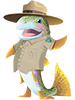 Agents of Discovery Mascot for Butte Field Office area. Fish waving and wearing BLM uniform with hat.