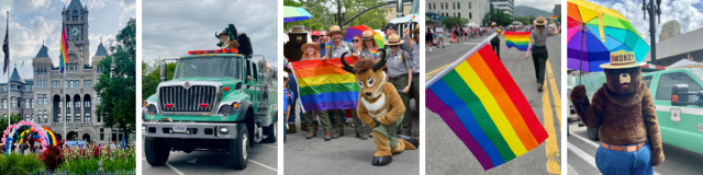 Bureau of Land Management Utah, National Park Service and  USDA Uinta-Wasatch-Cache National Forest employees stand together at the 2022 Utah Pride Parade holding a pride flag. 