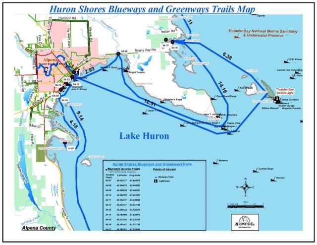 A map of blueway trails in the Thunder Bay, MI area