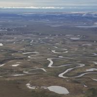 Aerial photo of the tundra and rivers of the Northeast National Petroleum Reserve in Alaska.