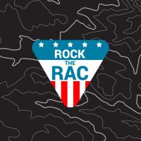 Black and white topo background. Upside down triangle in red white and blue "Rock the RAC"