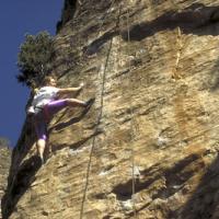 Woman climbing rock wall.