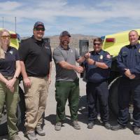 Left to right, BLM NV Fire Mitigation and Education Kelsey Griffee, BLM NV Deputy State FMO Brock Uhlig, BLM Elko AFMO Craig Cunningham, Elko County FPD Fire Chief Matt Petersen, Elko County FPD Division Chief John Pitts