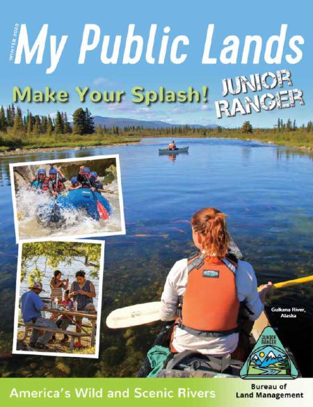 Cover of the Make Your Splash! Junior Ranger Magazine. A young woman paddles a canoe on the Gulkana River in Alaska.