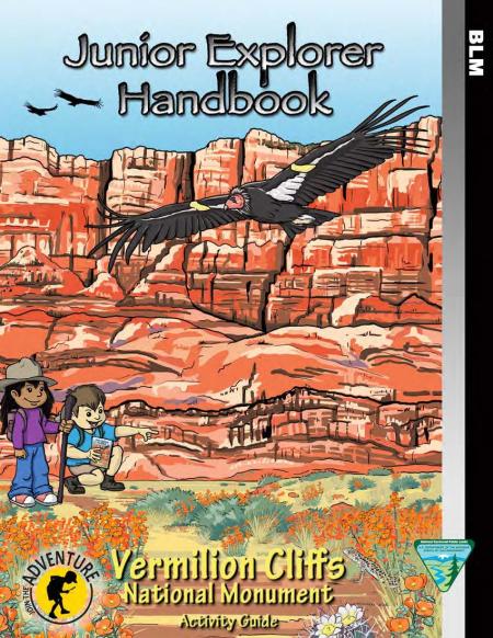 Cover of Vermillion Cliffs NM Junior Ranger Handbook which shows two children by a large wall of red rock and a condor flying overhead..