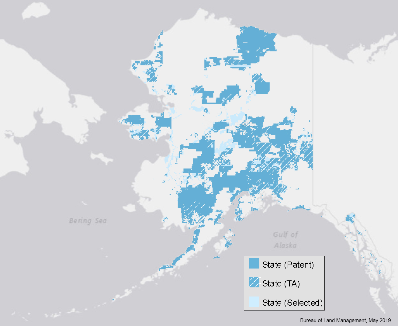 Map of Alaska showing areas where the State of Alaska has patented lands, tentative approved, and State Selected lands.
