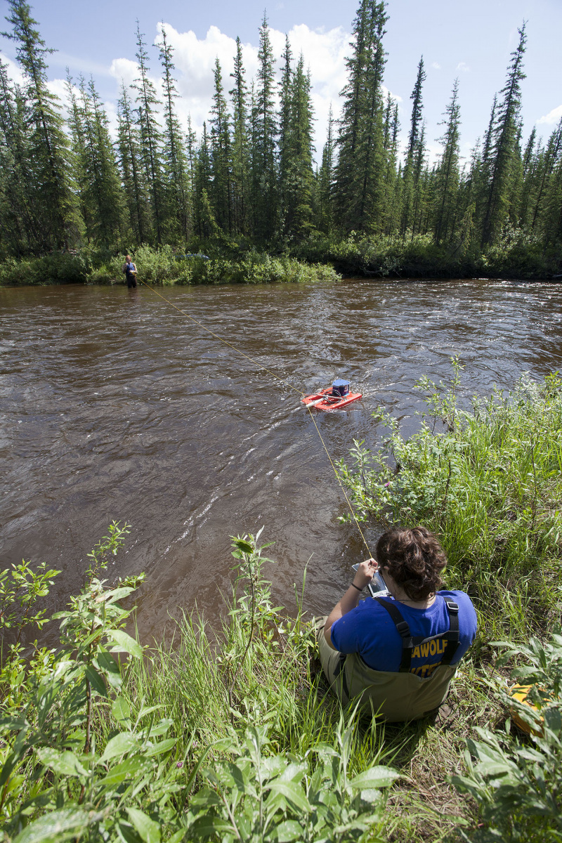 Two BLM staff taking stream measurements