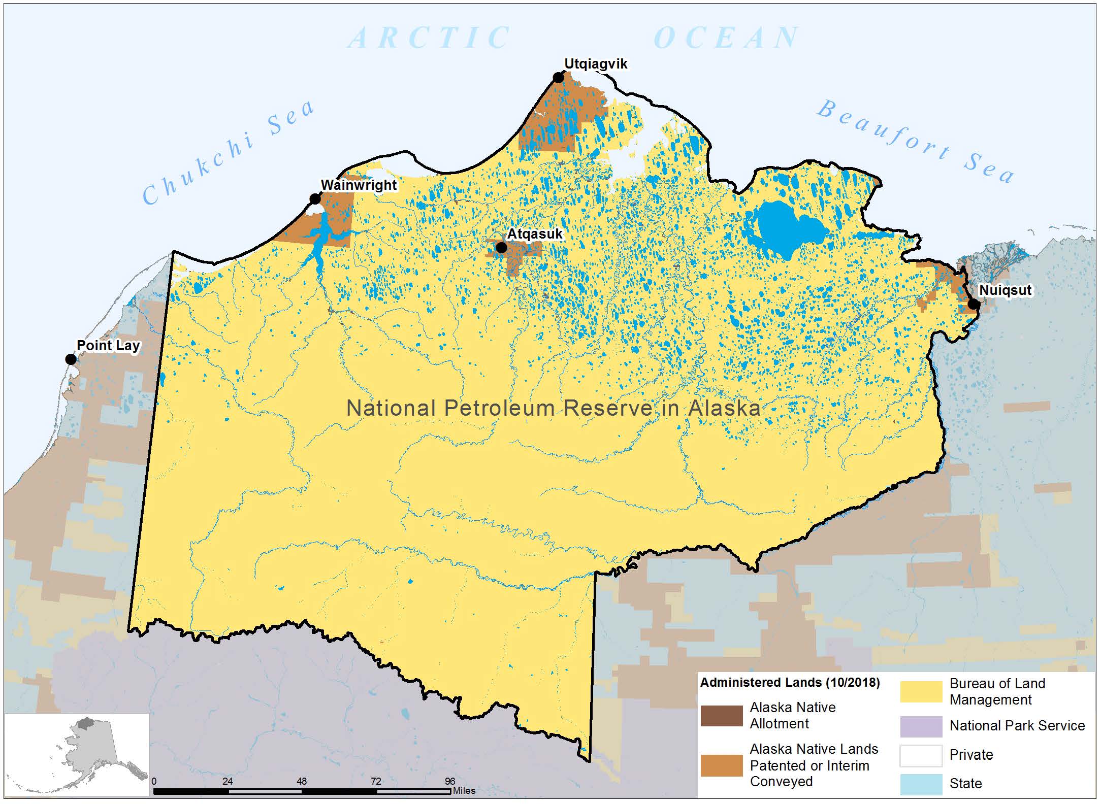 Land status map of the National Petroleum Reserve in Alaska showing Federal and Alaska Native lands.