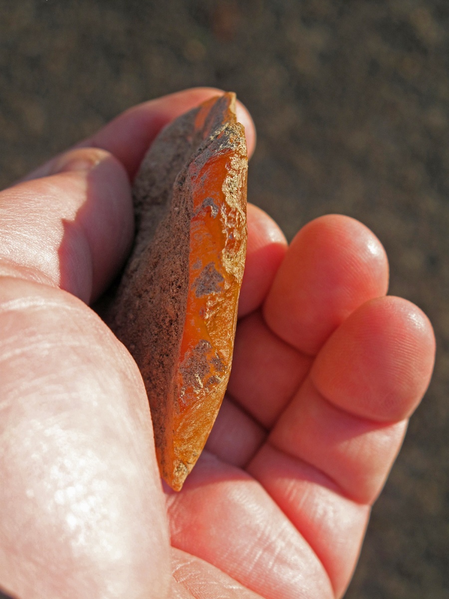 Image of a human hand holding a small orange agate tool sideways, as if to cut or scrape.