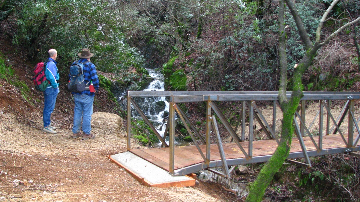 Two men wearing backpacks look over a small waterfall in a stream near a footbridge.