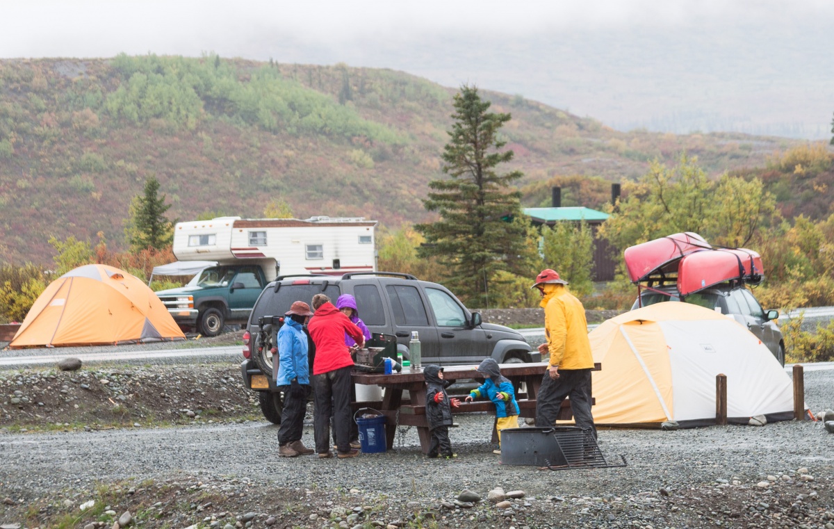 Family Camping in the rain at Tangle Lakes Campground