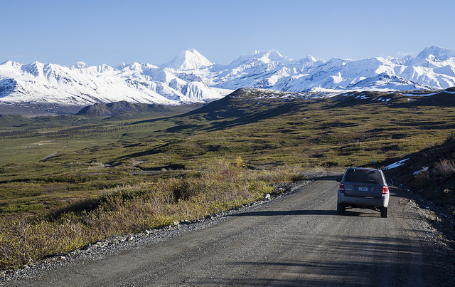 Driving on the unpaved portion of the Denali Highway