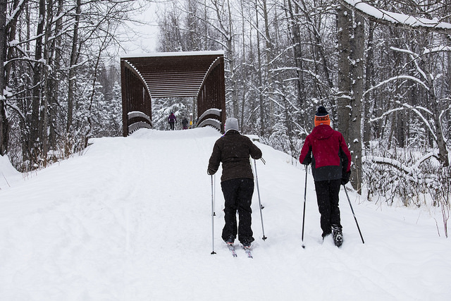 Two skiers on trail at Campbell Tract in Alaska