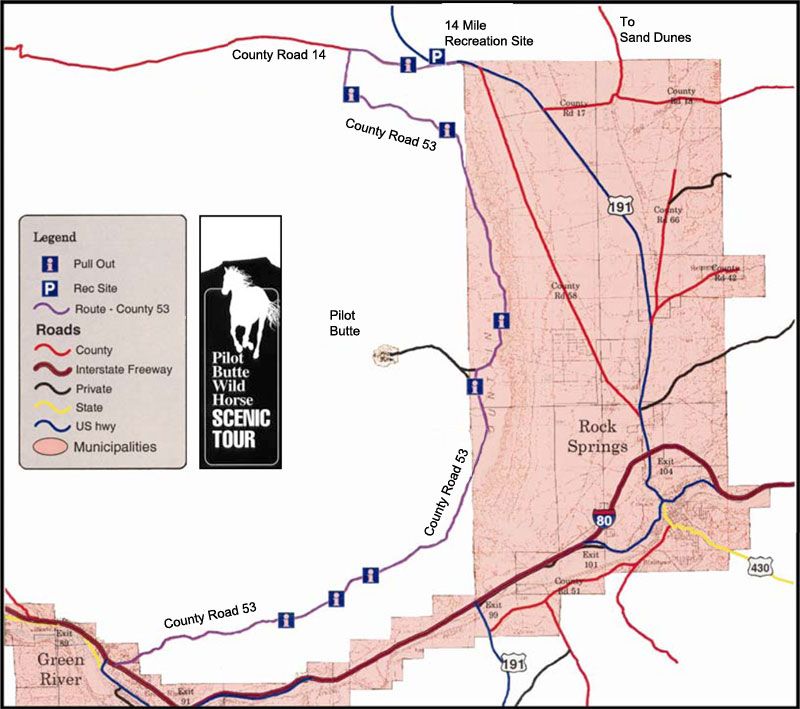 A map of the pilot butte wild horse scenic tour. 