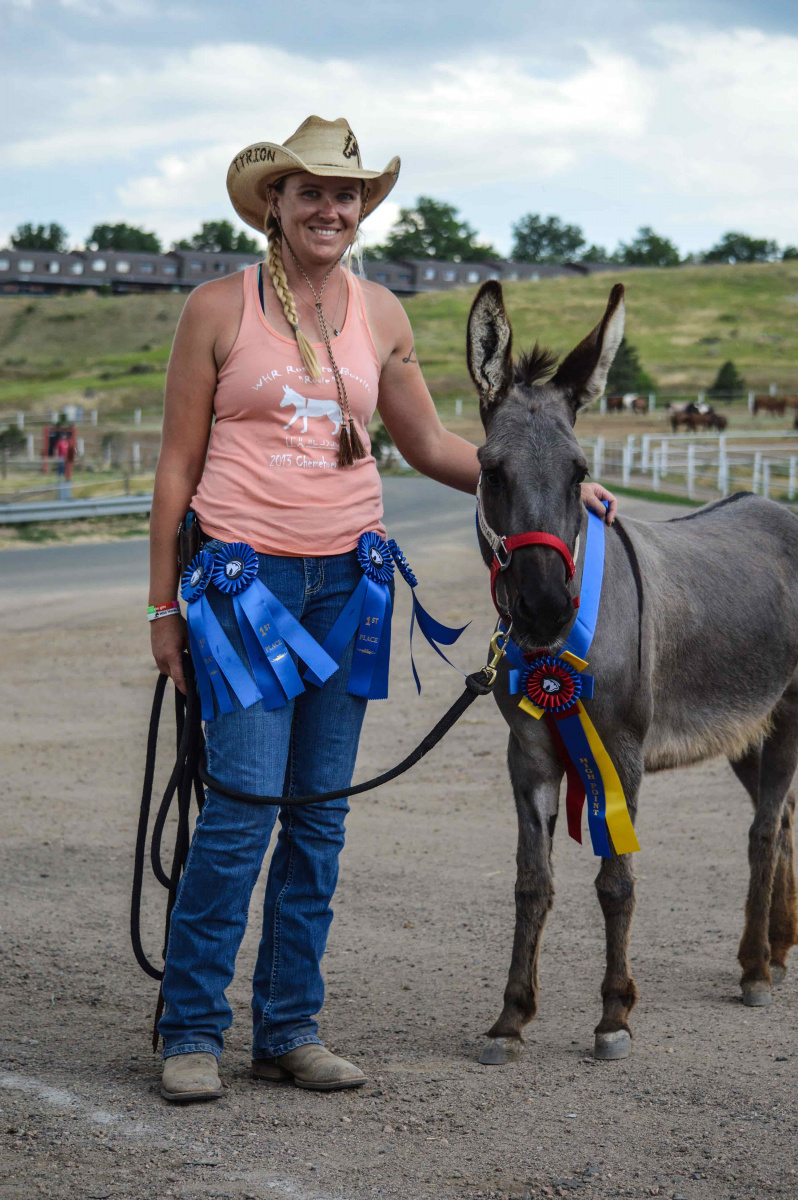 Woman standing with a donkey, wearing three blue ribbons. 