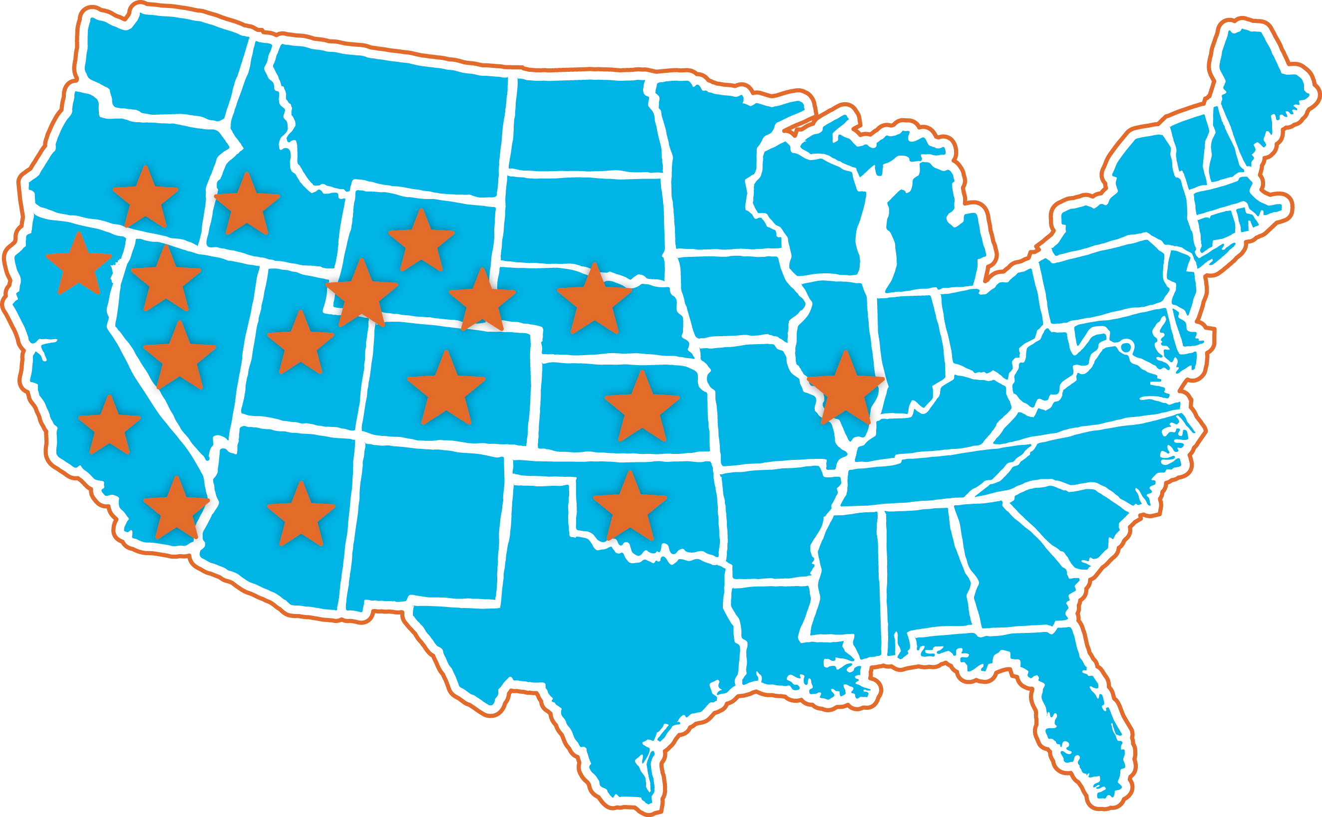 Blue map of the continental U.S. with orange stars on each of the Wild Horse adoption locations