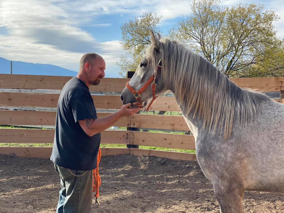 Man standing with horse. 