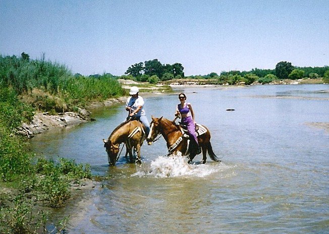 Two horses with riders crossing a river. 