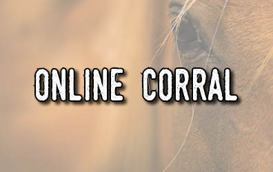 A button with a close-up a a horse's face with the words Online Corral