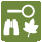Iconograph of binoculars, a magnifying glass, and a maple leaf