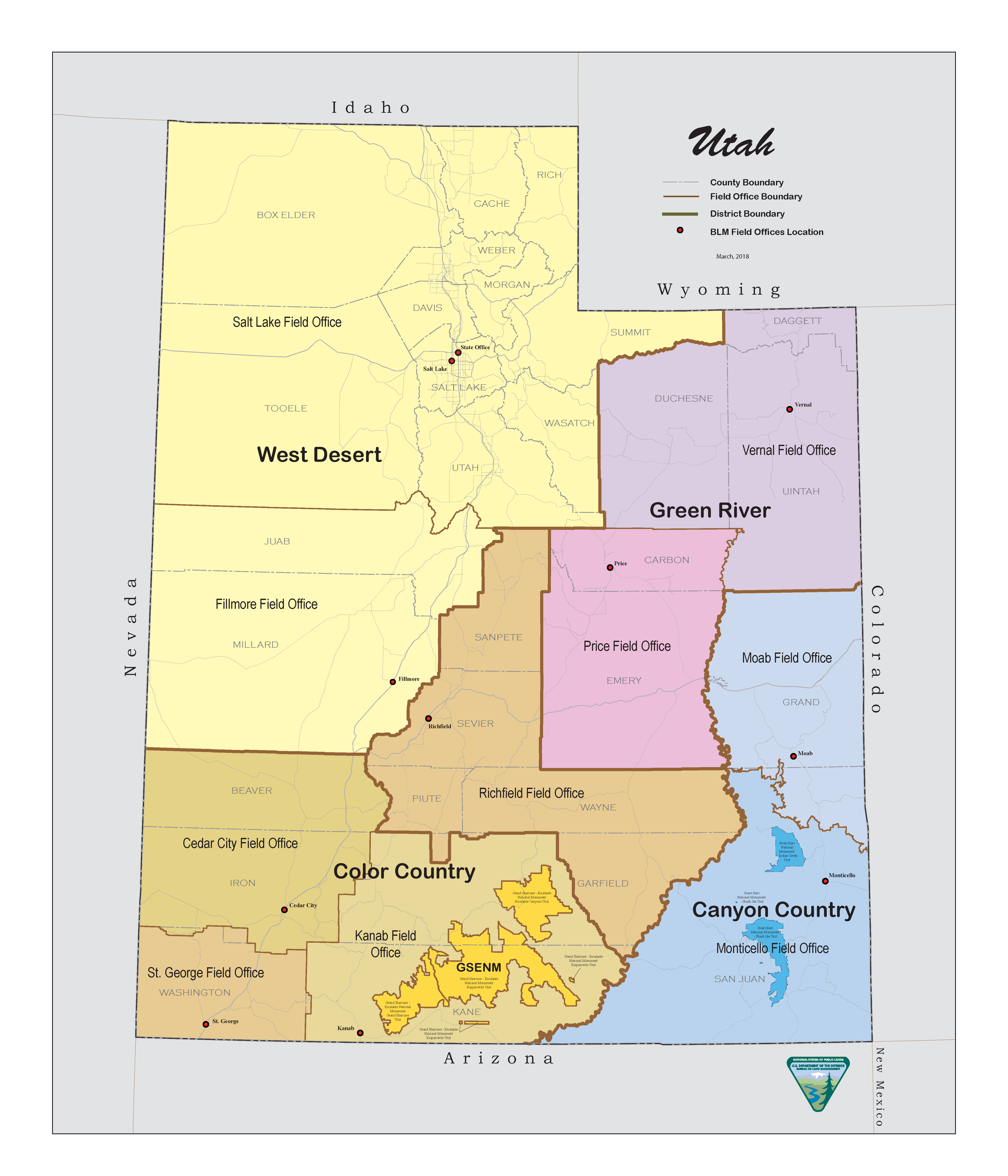 Utah State District Map Bureau of Land Management