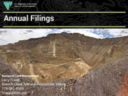 Across the top of the photo the words, "Annual Filings" appear on a black background with white topographical lines.  Most of the screen is taken up by a large photo of an open pit mine with equipment working.