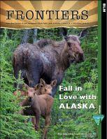 Cover of Frontiers issue 121 "Fall in Love with Alaska" featuring a moose cow and her two calves