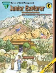 The cover of the Junior Explorer activity book for Dripping Springs Natural Area featuring two figures at a visitor center.