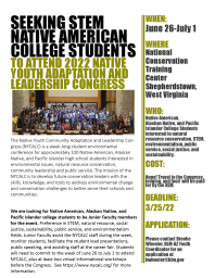 Seeking STEM Native American college students to attend 2022 Native Youth Adaptation and Leadership Congress flyer