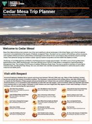 The first page of the trip planner which shows a photo of Cedar Mesa and text with information for visitors. The words Welcome to Cedar Mesa are large and inviting.