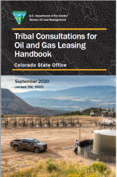 BLM Tribal Consultation Handbook with a photo of a prairie with oil and gas activity happening.