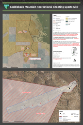 One color map at the top of the page showing the location of the Baldy Mountain, Church Camp Road, and Saddleback Mountain Recreational Shooting Sports Sites. There is a red rectangle around the Saddleback Mountain site and a label that indicates an inset map below. The land status is indicated for the Bureau of Land Management, Bureau of Reclamation, Local or State Parks, Private, and State.