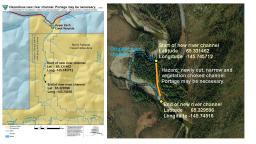 Map of upper Birch Creek Wild and Scenic River with the location of the new, hazardous river channel. Start of the new river channel: Lat 65.331462; Long -145.745712 End of new river channel: Lat 65.32959; Long -145.74516