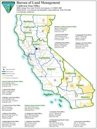 Map of lands managed by BLM California and office boundaries and contact information