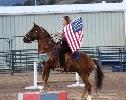 Woman on horse in an arena with a flag. 