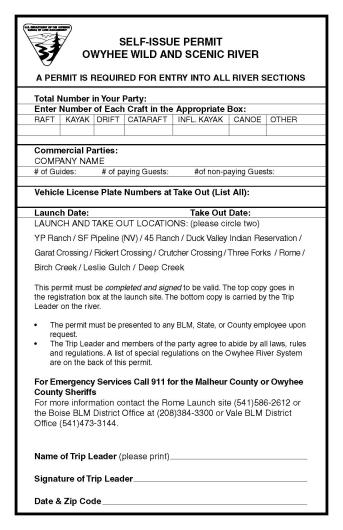 Owyhee Wild and Scenic River Permit Form