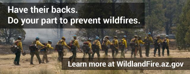 a photo of firefighters with the text, "Have their backs. Do your part to prevent wildfires. Learn more at wildlandfire.az.gov."