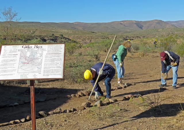 volunteers line a trail with rocks