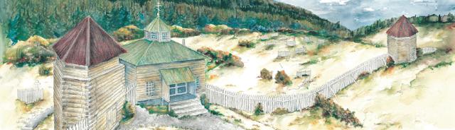 Watercolor painting of the blockhouse and church in Sitka