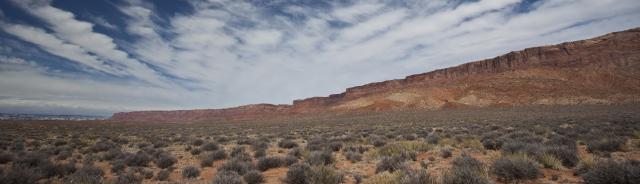 a broad landscape with desert shrubs with distant orange colored cliffs and clouds overhead