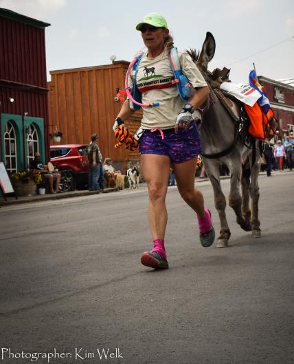 Karin Usko and Bracelet compete in burro pack race