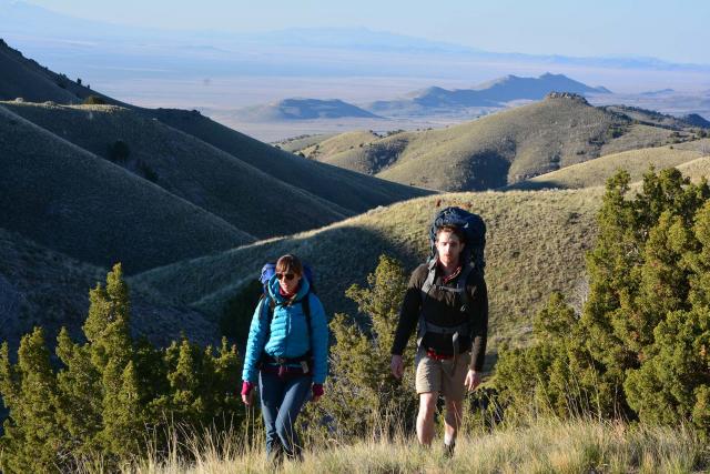 Two people with backpacks hiking along a grassy area with trees and a green high elevation landscape behind them.