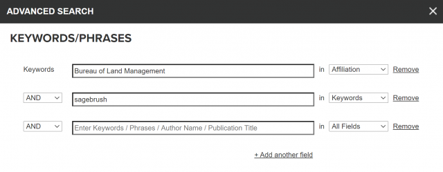 A screenshot showing the Advanced Search options n BioOne.